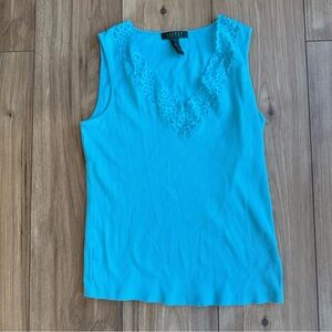 Lauren Ralph Lauren Tank Top Size Large Blue/Teal Sleeveless Lace V Neck Classic